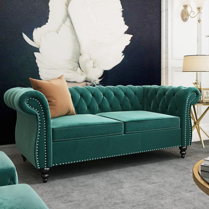 3-Piece Living Room Sectional Sofa Set, Green Velvet Couch Upholstered Sofa Modern Sofa Couches Set Style Button Tufted, Velvet Chesterfield Sofa for Living Room Apartment, 1+2+3 Seat Green