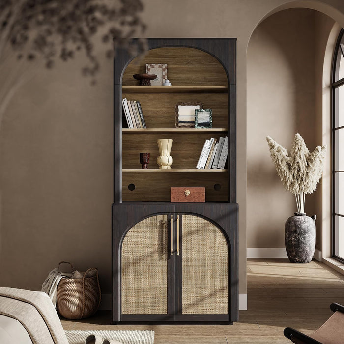 72" Tall Arched Storage Cabinet with Hutch, Bookcase with Open Shelves