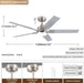 Ceiling Fans with Lights, 52 Inch Brushed Nickel Ceiling Fans with Lights and Remote Control, Reversible, 3CCT, Dimmable, Noiseless, Downrod, Modern Ceiling Fan for Bedroom, Indoor/Outdoor Use