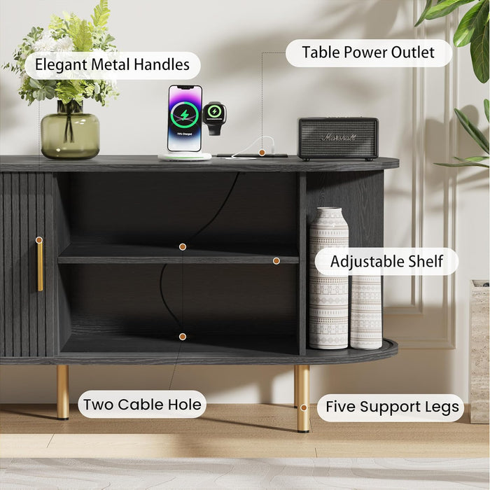 55 Inch Mid Century Modern TV Stand with Power Outlet for Tvs up to 60 Inch, Entertainment Center with Storage and Adjustable Shelves, Media Console with Sliding Doors for Living Room(Black)