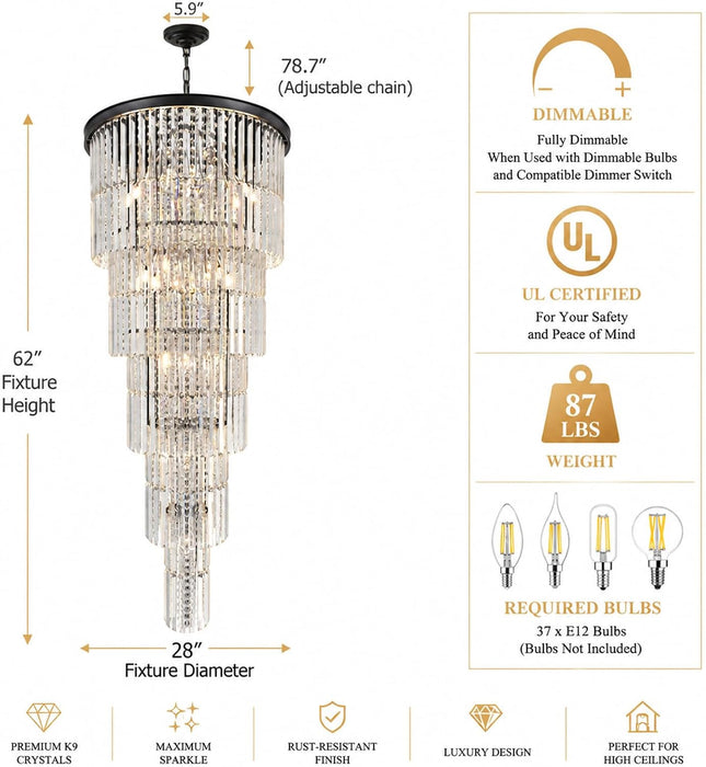 Large Black Chandelier Light Fixtures - 37 Lights, Modern Crystal Chandeliers for Hotel, Lobby, Foyer, Entrance Hall, Staircase