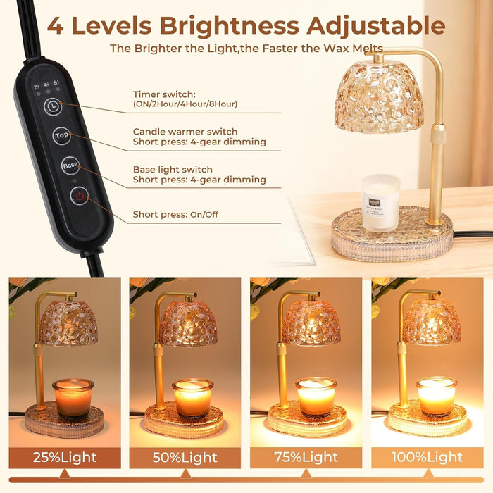 Candle Warmer Lamp with Timer Dimmer, Honeycomb Crystal Wax Melt Warmer for Jar Candles, Adjustable Height Wax Warmer Lamp with 2 Bulbs for Women Mom Gift New Home Bedroom Decor (Amber)