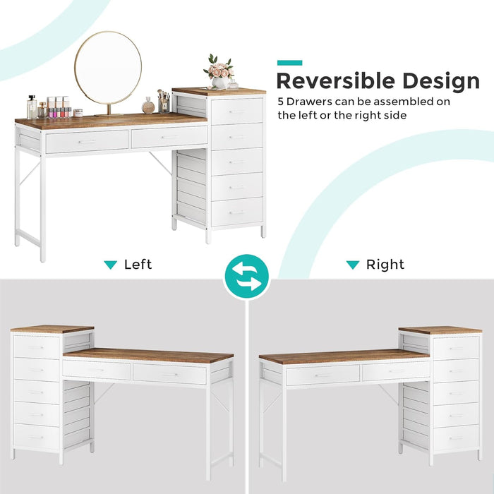 Vanity Desk with 7 Drawers, 55 Inch Makeup Vanity Table with Reversible Drawer for Women, Girls, White and Brown (Without Mirror)