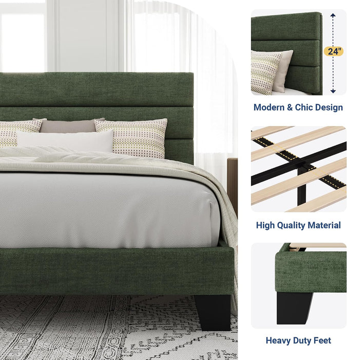 Queen Size Platform Bed Frame with Fabric Upholstered Headboard and Wooden Slats Support, Fully Upholstered Mattress Foundation/No Box Spring Needed/Easy Assembly, Green