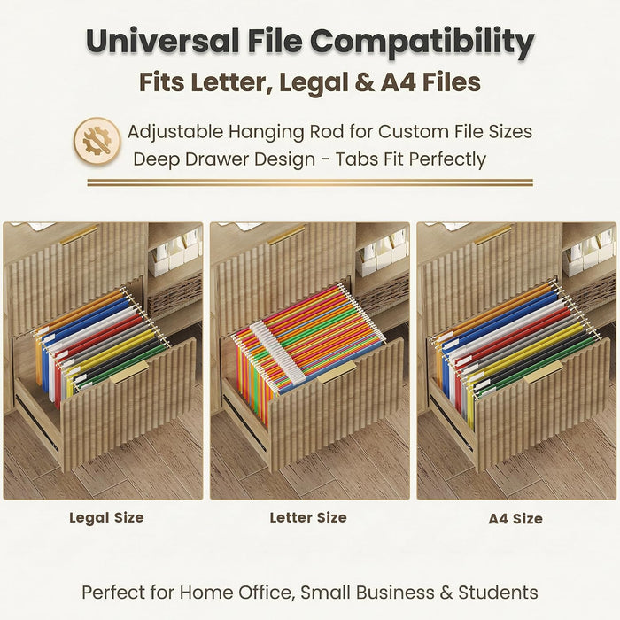 Filing Cabinet for Home Office, Fluted Wood File Cabinet with 2 Drawers Fit Letter/Legal/A4 Folders with Tabs, 43.3"W Printer Stand with Lock & 2 Power Outlets, 6 Storage Shelves (Natural Oak)