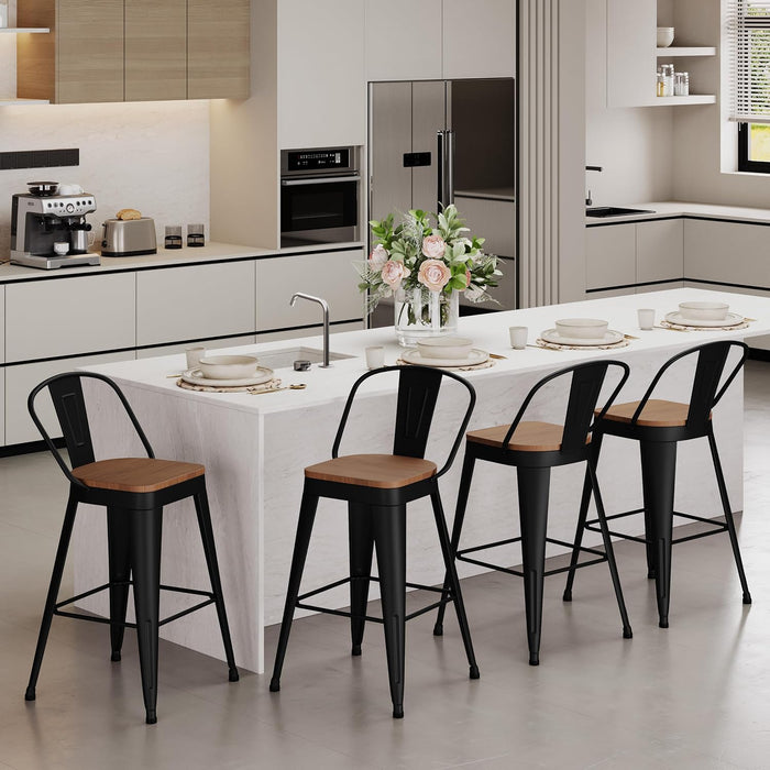 Metal Bar Stools Set of 4,24 Inch Barstools Counter Height Barstools with Backs Farmhouse Bar Stools with Larger Seat High Back Kitchen Dining Chairs Modern Bar Chairs Matte Black Stool