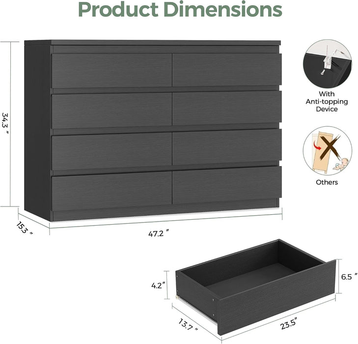Black 8 Drawer Dresser for Bedroom (15.3" D X 55.2" W X 32.3" H)