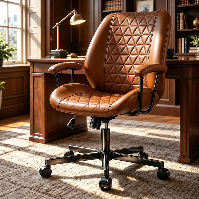 PU Leather Office Chair with Lumbar Support, Removable Arms, Brown