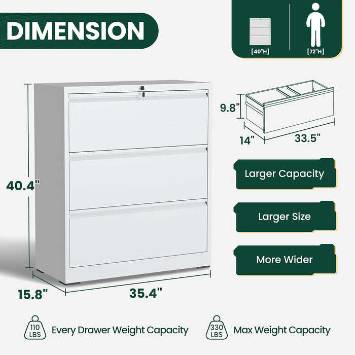 3 Drawer File Cabinet with Lock, Lateral Filing Cabinets,Metal Storage Filing Cabinets for Home Office, Heavy Duty File Cabinet for Letter/Legal/A4/F4 Size Amsseble Required, White