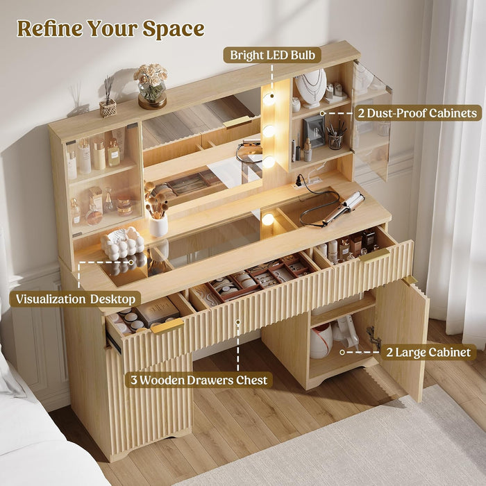 Fluted Makeup Vanity Desk with Mirror and Lights, Glass Top 48" Wood Vanities W/Charging Station , Dressing Table W/3 Drawers & 2 Large Storage Cabinets, Dustproof Organizer for Bedroom Gift(Natural)