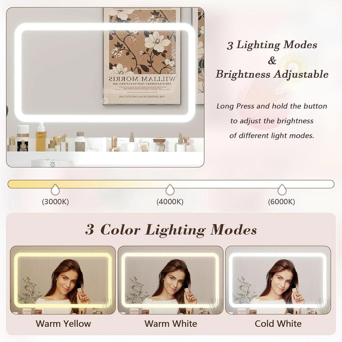 L-Shaped Corner Vanity Desk with LED Lighted Mirror & Charging Station, White Makeup Vanity with 6 Drawers & Sliding RGB Cabinet, Large Farmhouse Dressing Table with Open Storage Shelves for Women