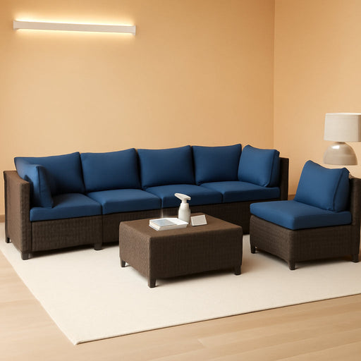 Outdoor Patio Furniture Set 7 Pieces Wicker Sectional Sofa Brown Rattan Conversation Couch with Coffee Table, Anti-Slip Thick Nave Blue Cushion
