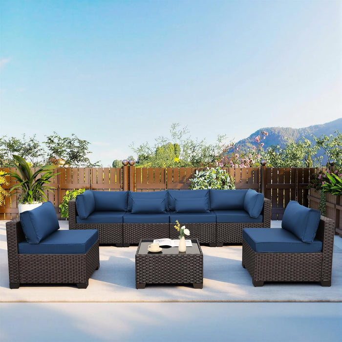 Outdoor Patio Furniture Set 7 Pieces Wicker Sectional Sofa Brown Rattan Conversation Couch with Coffee Table, Anti-Slip Thick Nave Blue Cushion