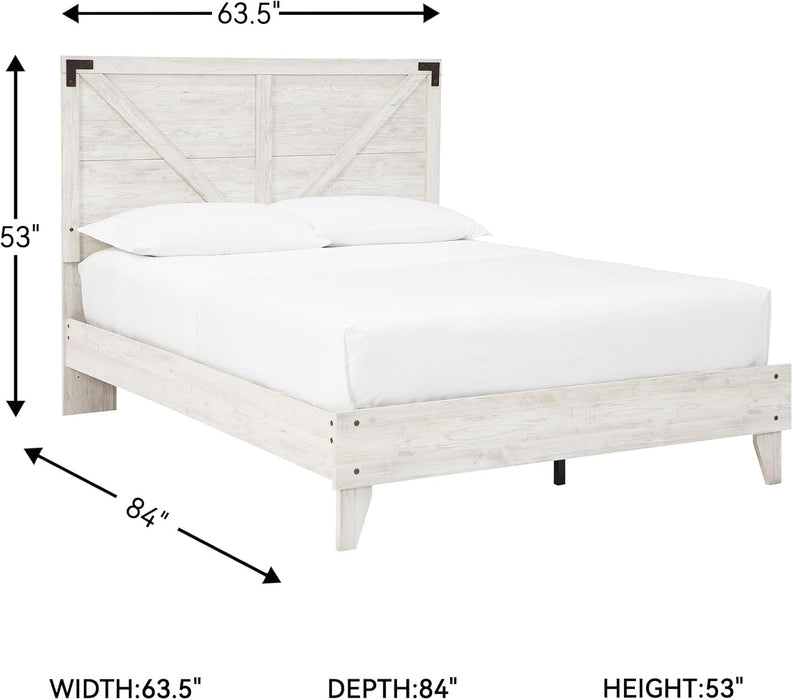Signature Design by Ashley Shawburn Industrial Queen Crossbuck Panel Platform Bed with Metal Slats, Foundation or Box Spring Not Needed, Whitewash