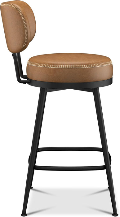 Bar Stools Set of 2, Faux Leather 26" H Swivel Counter Height Barstools with Back, Mid Century Modern Bar Stools with Stylish Stitching for Kitchen Island, Metal Base, Saddle Brown