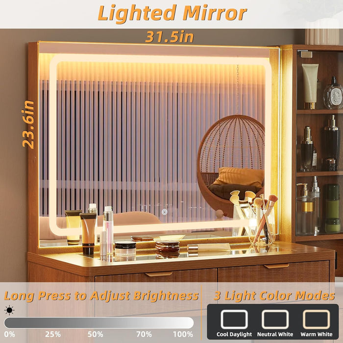 Vanity Desk with Mirror and Lights, 43.5'' Fluted Makeup Vanity with 6 Drawers and Adjustable Shelves, Glass Top Make up Vanity, Girls Wood Dressing Table with Power Outlet for Bedroom