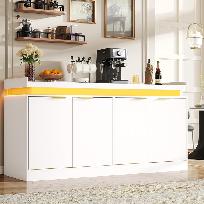63" Sideboard Buffet Cabinet, Kitchen Buffet Cabinet Storage Cabinets with Power Outlets & LED Light, Modern Sideboard Coffee Bar Buffet Cabinets for Kitchen, Dinning, Living Room, White
