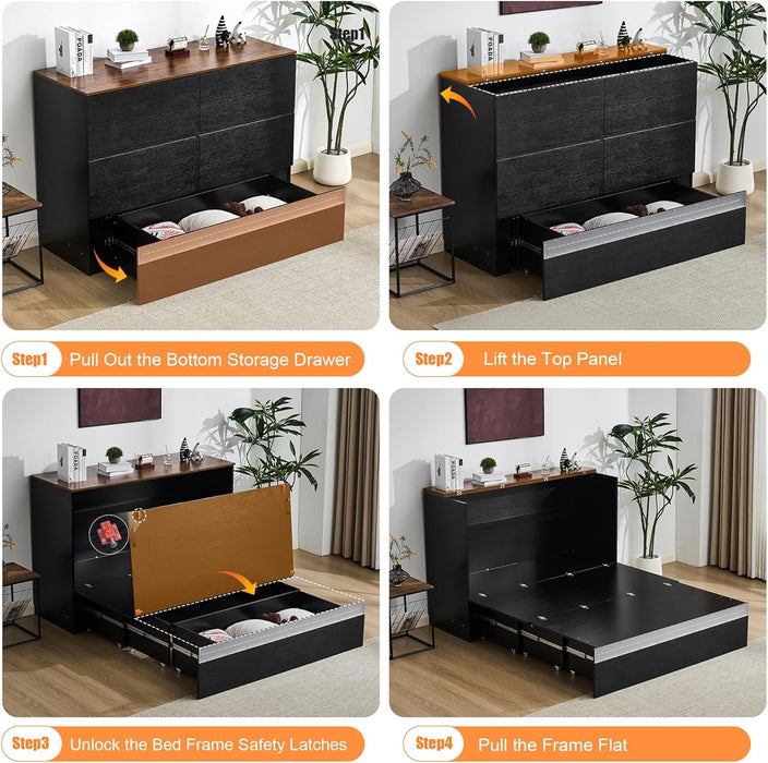 Queen Murphy Bed With Black IntegratedChargingStations LedLighting