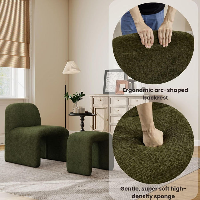 Green Chenille Upholstered Accent Chair with Ottoman Set, Modern Armless Chair Side Chairs for Living Room, Bedroom, Small Space, Reception Room, No Assembly Required