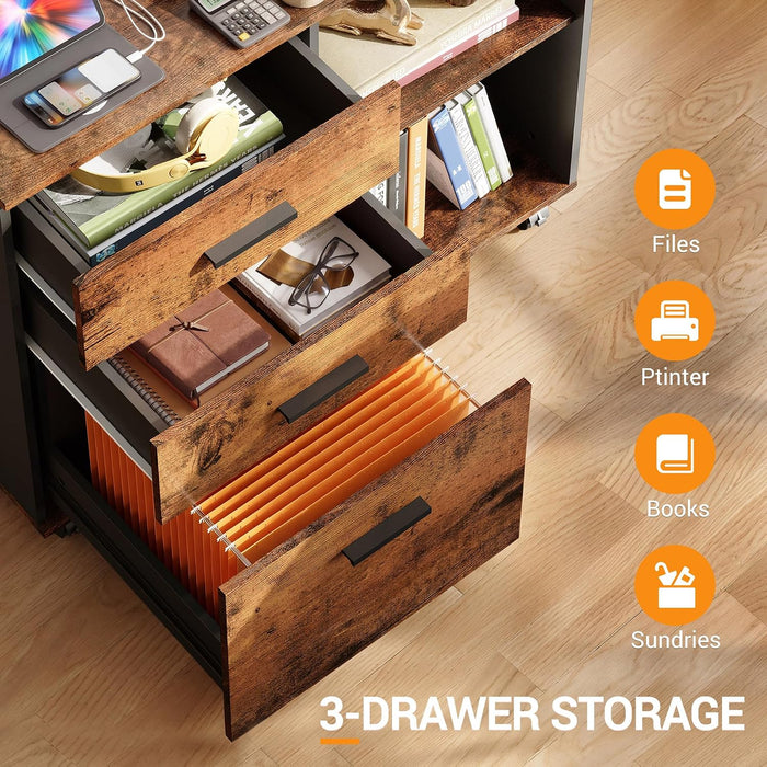 3 Drawer Wood File Cabinet, Rolling Filing Cabinet with Open Storage Shelf, Printer Stand for Home Office Storage and Organization, Fits Letter/A4 Files (Rustic Brown, Wood)