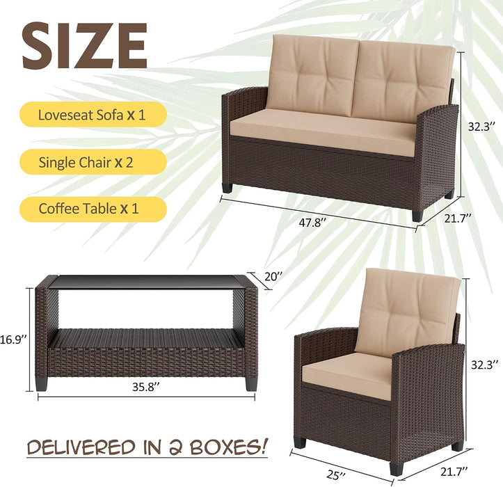 4 Piece Patio Furniture Set, Outdoor Rattan Conversation Set with Coffee Table, outside Wicker Sectional Sofa Couch with Cushion, Brown and Khaki
