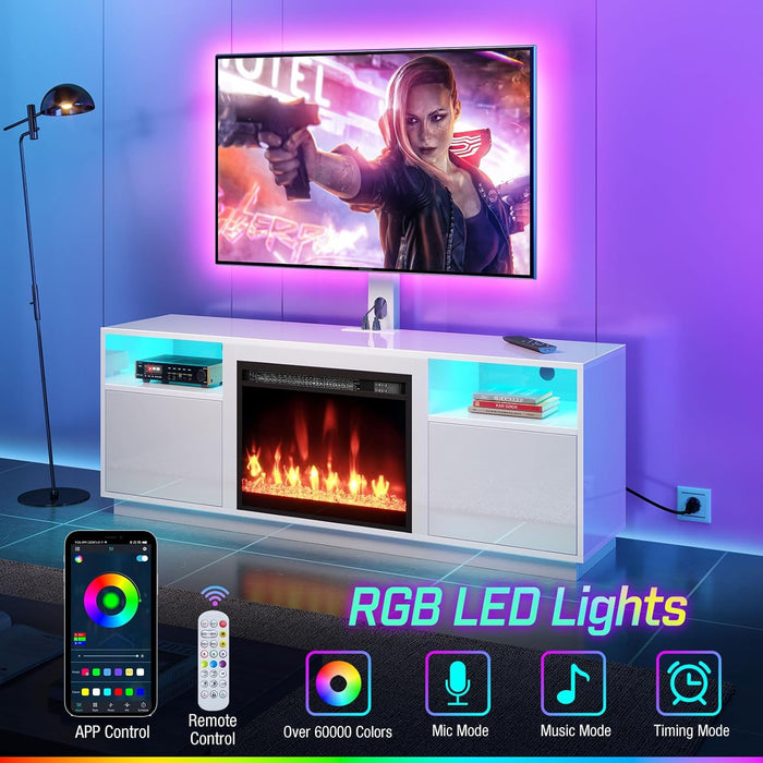 Fireplace TV Stand with Led Lights and Power Outlets, Entertainment Center with Electric Fireplace, Swivel TV Stand Mount for 45/55/60/65 Inch Tvs, Height Adjustable TV Console, White