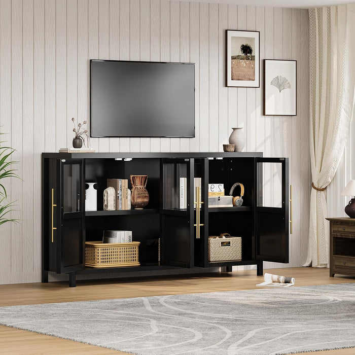 Sideboard Buffet Cabinet with 4 Glass Doors, 55 in Buffet Table Coffee Bar Wine Bar Display Cabinet for Kitchen Dining Room, Living Room (Glass with 4 Doors, Dark)