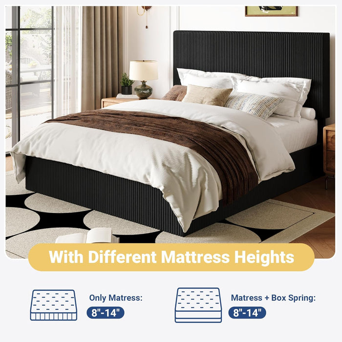 Full Bed Frame, Upholstered Platform Bed, Adjustable Vertical Channel Tufted Headboard, Corduroy Fabric, Modern Low Profile, Wooden Slats, No Box Spring Needed, Easy Assembly, Black
