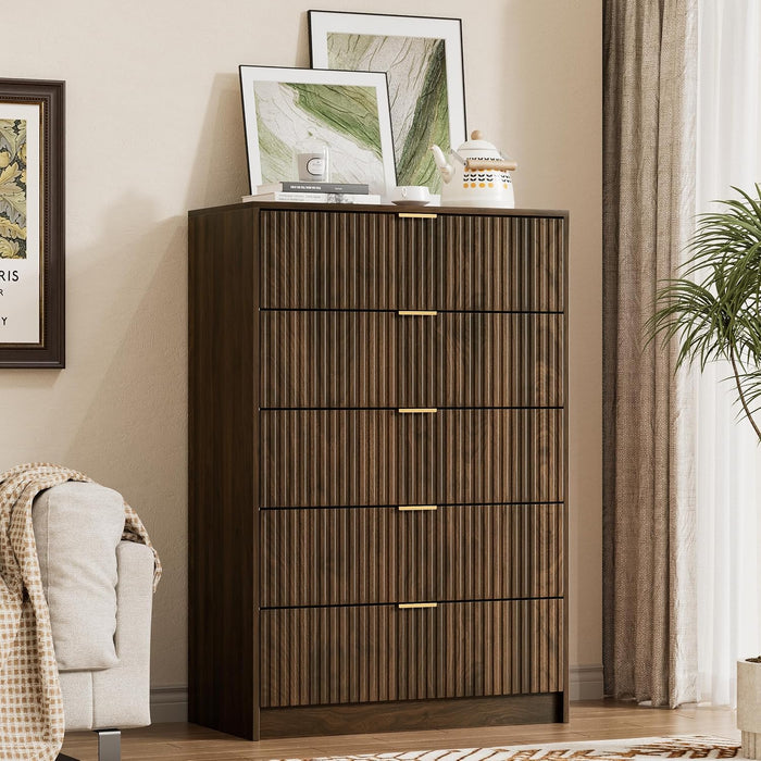Walnut Dresser for Bedroom, Tall Dresser with 5 Drawers and Smooth Slides, Modern Chest of Drawers with Golden Handles for Bedroom, Living Room, Closet, 15.7" D X 31.5" W X 47.2" H
