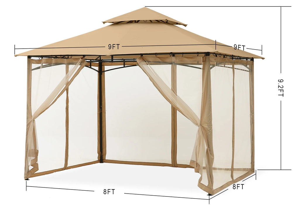 9' X 9' Outdoor Patio Gazebo Double Roof Steel Frame with Mesh Walls, Beige