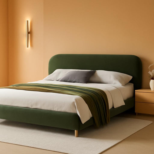 King Size Teddy Fleece Thick Fabric Upholstered Platform Bed with Curved Shaped Headboard, Wood Bed Frame with Solid round Legs for Kids Teens Adults, Olive Green