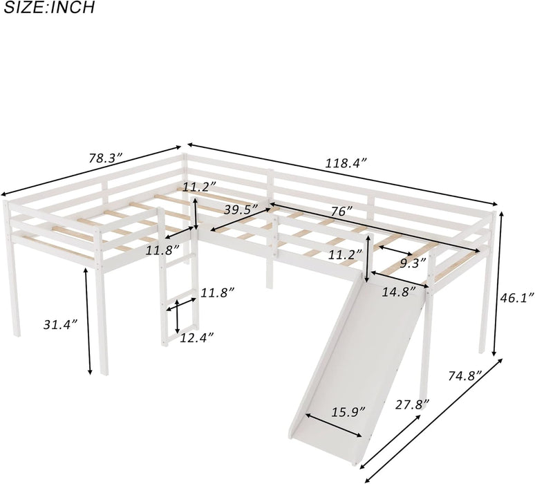 L-Shaped Twin Size Loft Bed with Ladder
