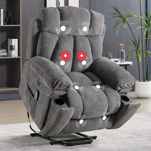 Large Power Lift Recliner Chair with Massage and Heat for Elderly, Overstuffed Wide Recliners with 2 Cup Holders, Side Pocket and USB Port, Dark Gray