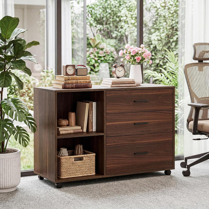 39-Inch Walnut Rolling File Cabinet With Compartments