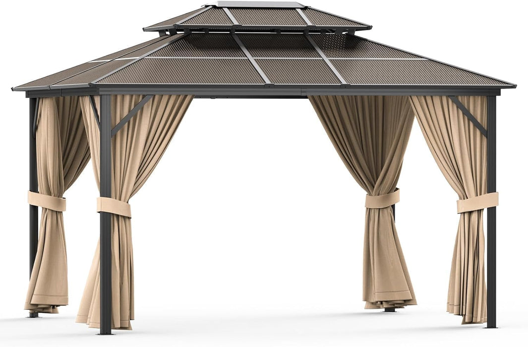 10'X13' Hardtop Gazebo, Double Polycarbonate Roof, All-Weather Heavy-Duty Aluminum Frame, Netting & Curtains, Permanent Outdoor Pavilion for Patio, Garden, Lawn, Khaki