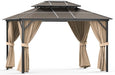 10'X13' Hardtop Gazebo, Double Polycarbonate Roof, All-Weather Heavy-Duty Aluminum Frame, Netting & Curtains, Permanent Outdoor Pavilion for Patio, Garden, Lawn, Khaki
