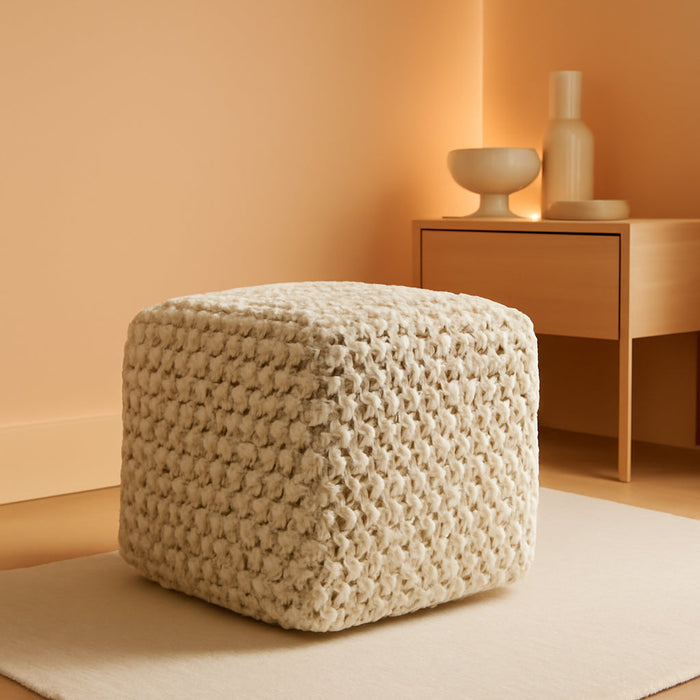 Square Pouf Ottoman, Natural - 18.5" W X 18.5" D X 14.5" H Cotton Knit Foot Stool - Boho Floor Pouffe for Living Room, Bedroom, Home Office