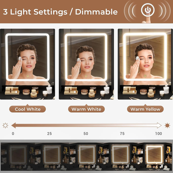Vanity Desk with Mirror Lights, Storage Bench & Power Outlet, Corner Vanities with Rotating Cabinet & Drawers, 3 Light Settings Vanity Set, for Women Girls, Black