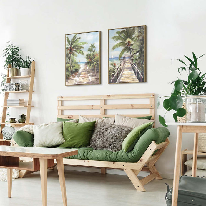 Beach Canvas Framed Wall Art - Hand Painted Ocean View Paintings Palm Tree Pictures Tropical Coastal Scenery Seaside Artwork for Living Room