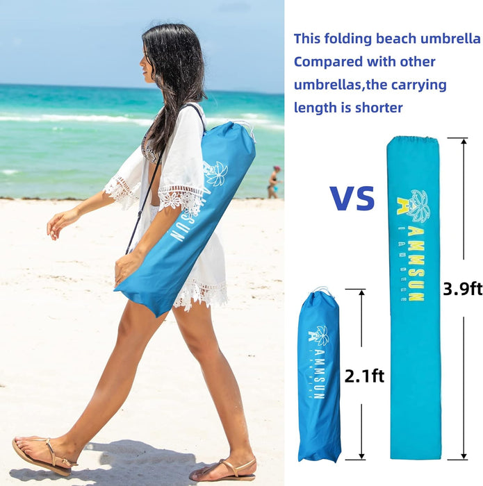 6Ft Folded Portable Travel Beach Umbrella with Sand Anchor Tilt Air Vent UPF 50+UV Protection Fit in Suitcase Compact Foldable Telescopic Umbrellas for Patio Garden Beach Pool Sky Blue