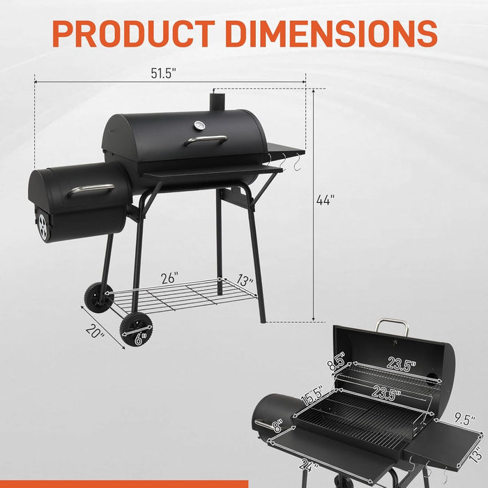 Charcoal Grill with Offset Smoker, Barrel Barbecue Smoker Grill with Spacious Cooking Area for BBQ, Backyard Patio Picnic Parties Camping, Black