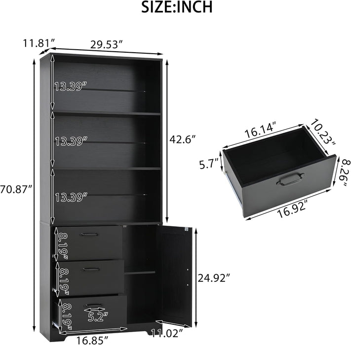 6-Tier Bookshelf with Door and 3 Drawers, 71" Tall Bookcase with 3-Tier Open Shelves, Wooden Book Shelf with Storage Cabinet for Home Office, Living Room, Bedroom, White (Black Bookcase) | with 3-Tier Open Shelves, Wooden Book Shelf with Storage Cabinet for Home Office, Living Room, Bedroom, Black