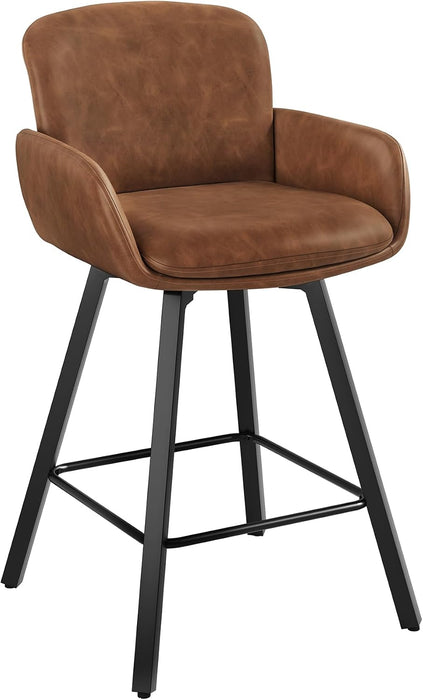 26" Swivel Bar Stools Set of 3, Counter Height Bar Stools with Backrest and Arms, Modern Upholstered Barstools with Metal Legs for Kitchen Island, Brown