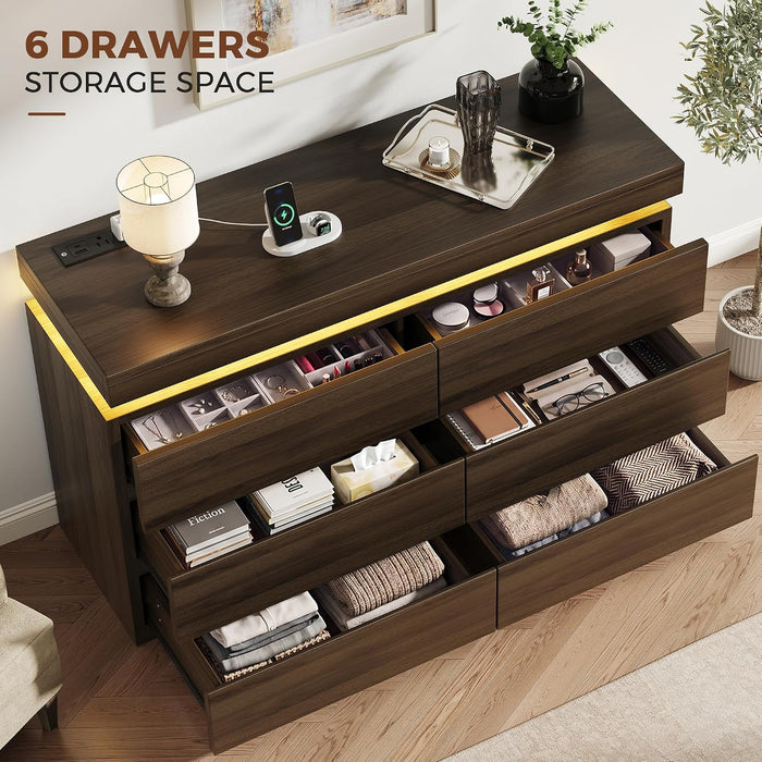 6 Drawer Dresser with LED Lights and Charging Station, Modern Brown Dresser
