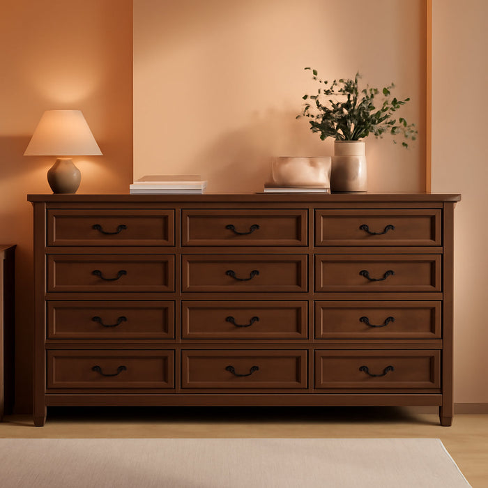 Farmhouse Dresser 12Drawer 63Inch Brown Storage Cabinet