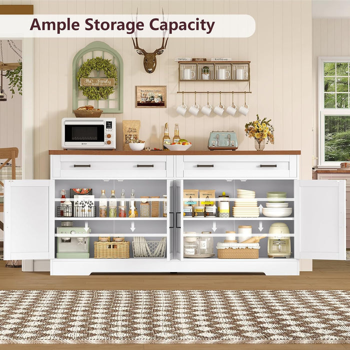 63" Buffet Cabinet with Storage, Large Sideboard Buffet Cabinet with 2 Adjustable Shelves and 4 Doors, Modern Farmhouse Coffee Bar for Kitchen, Living Room, White