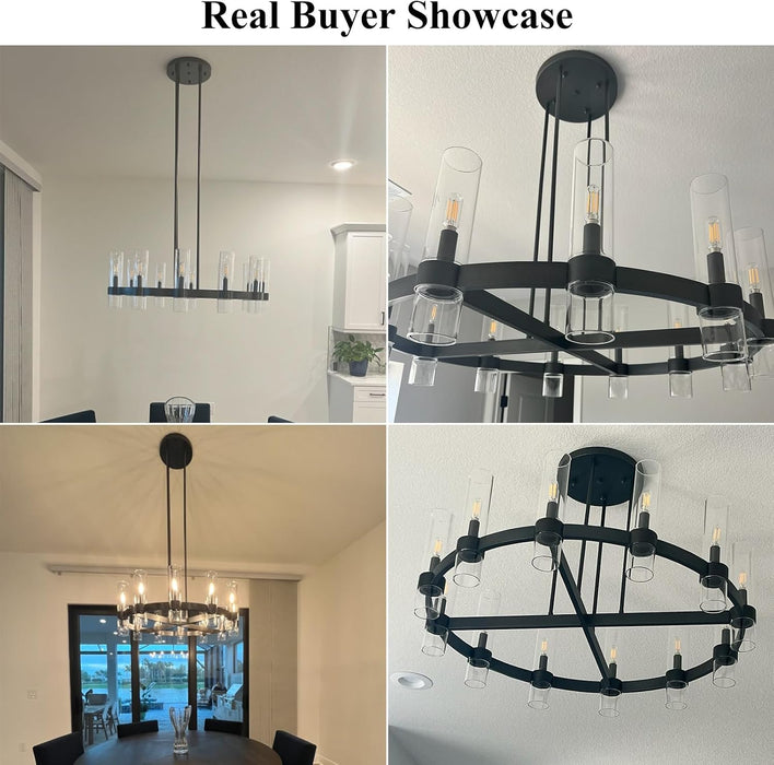 12 Light Brass round Chandelier 36" Wagon Wheel Chandeliers for Dining Room Light Fixture Clear Glass Tube Chandelier Modern Farmhouse Chandeliers for Livingroom Foyer, Bulb Included