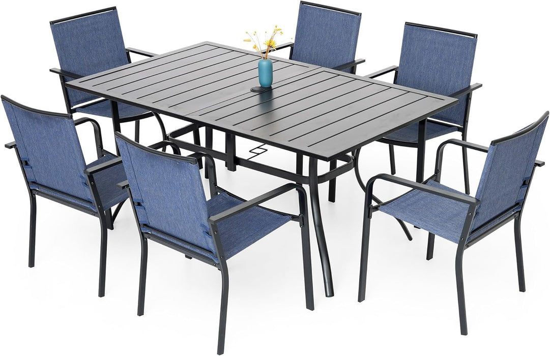 7-Piece Patio Dining Set, Outdoor Furniture Set of 6 Blue Stackable Dining Chairs and Rectangular Metal Table with Umbrella Hole for Outdoor Kitchen Lawn Garden,Bistro,Deck.