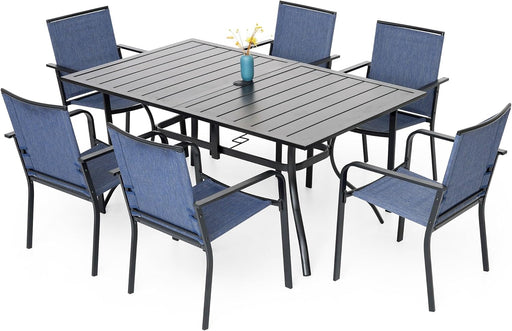 7-Piece Patio Dining Set, Outdoor Furniture Set of 6 Blue Stackable Dining Chairs and Rectangular Metal Table with Umbrella Hole for Outdoor Kitchen Lawn Garden,Bistro,Deck.