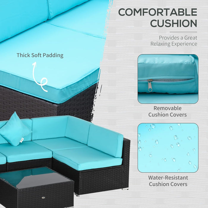7-Piece Patio Furniture Sets Outdoor Wicker Conversation Sets All Weather PE Rattan Sectional Sofa Set with Cushions & Tempered Glass Desktop, Turquoise